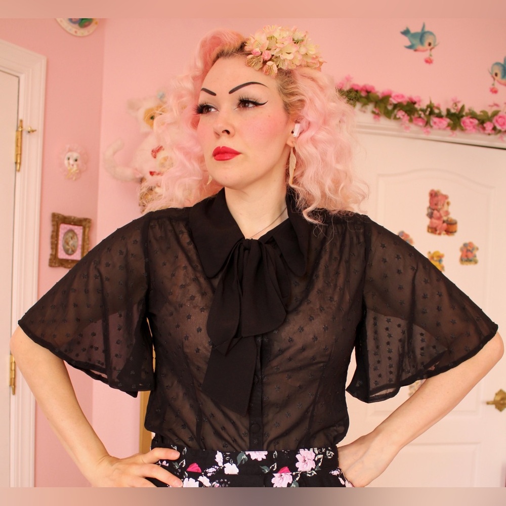 Voodoo Vixen Black Sheer Swiss Dot Bow Blouse